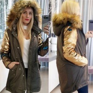 PARKA COAT WITH SEQUIN SLEEVES